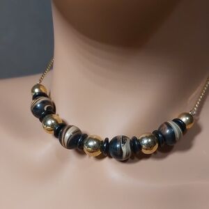 Goldtone Brown Marble Bead Short 15.5" Necklace Collar Length